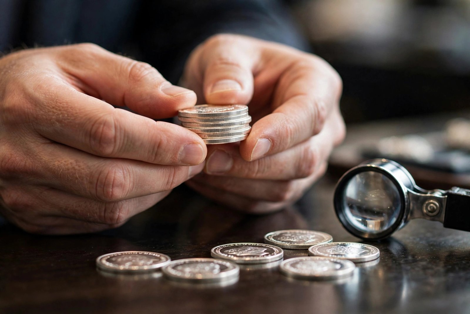 Hands holding silver coins over a dealer counter
